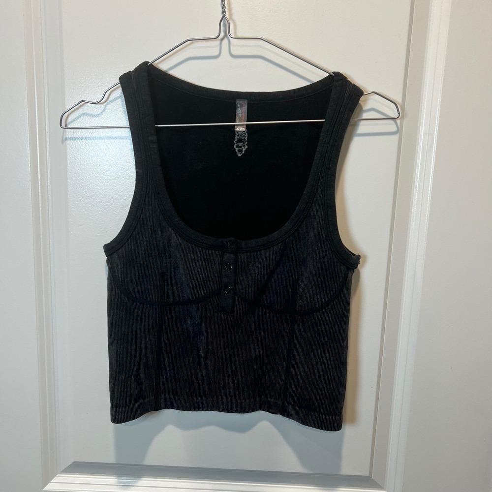 Free People Black Ribbed Corset Crop Tank Top Button Front‎ Size Small